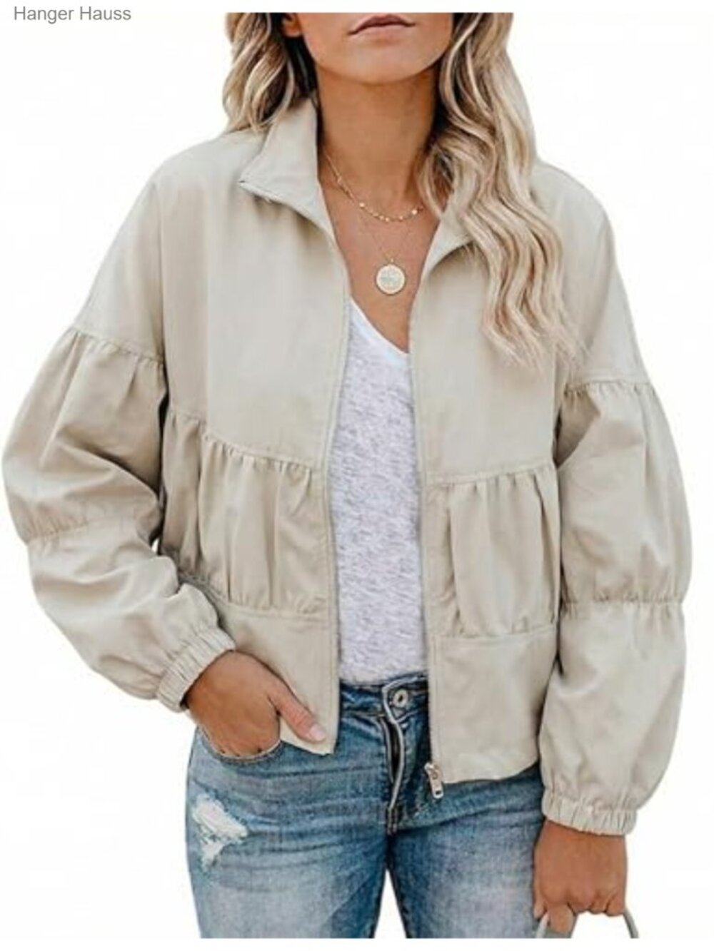 Cropped Bomber Jacket Women Streetwear Balloon Sleeve
